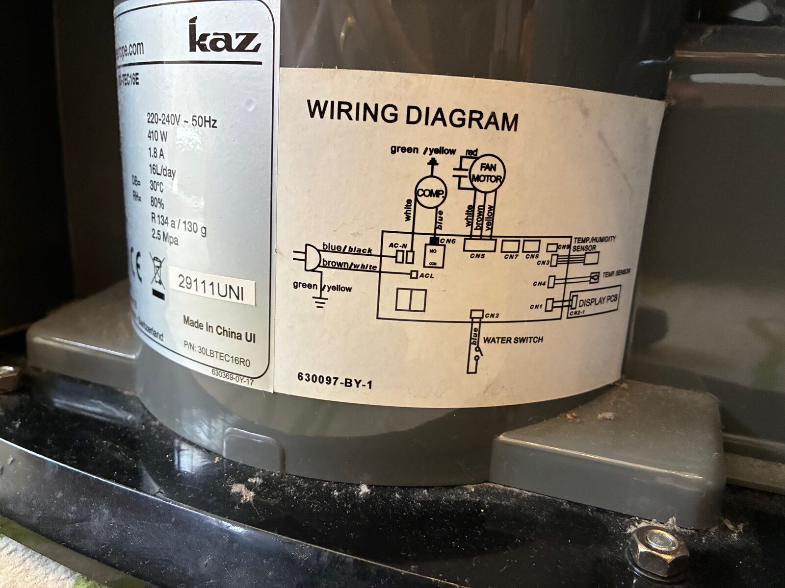 The unit's printed wiring diagram label